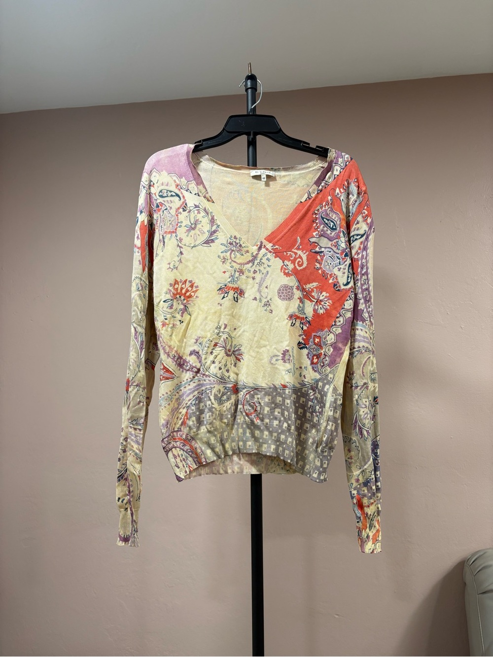 ETRO MELANO SIZE 44 Boho Patchwork V-Neck Long Sleeve Top - Pink & Cream